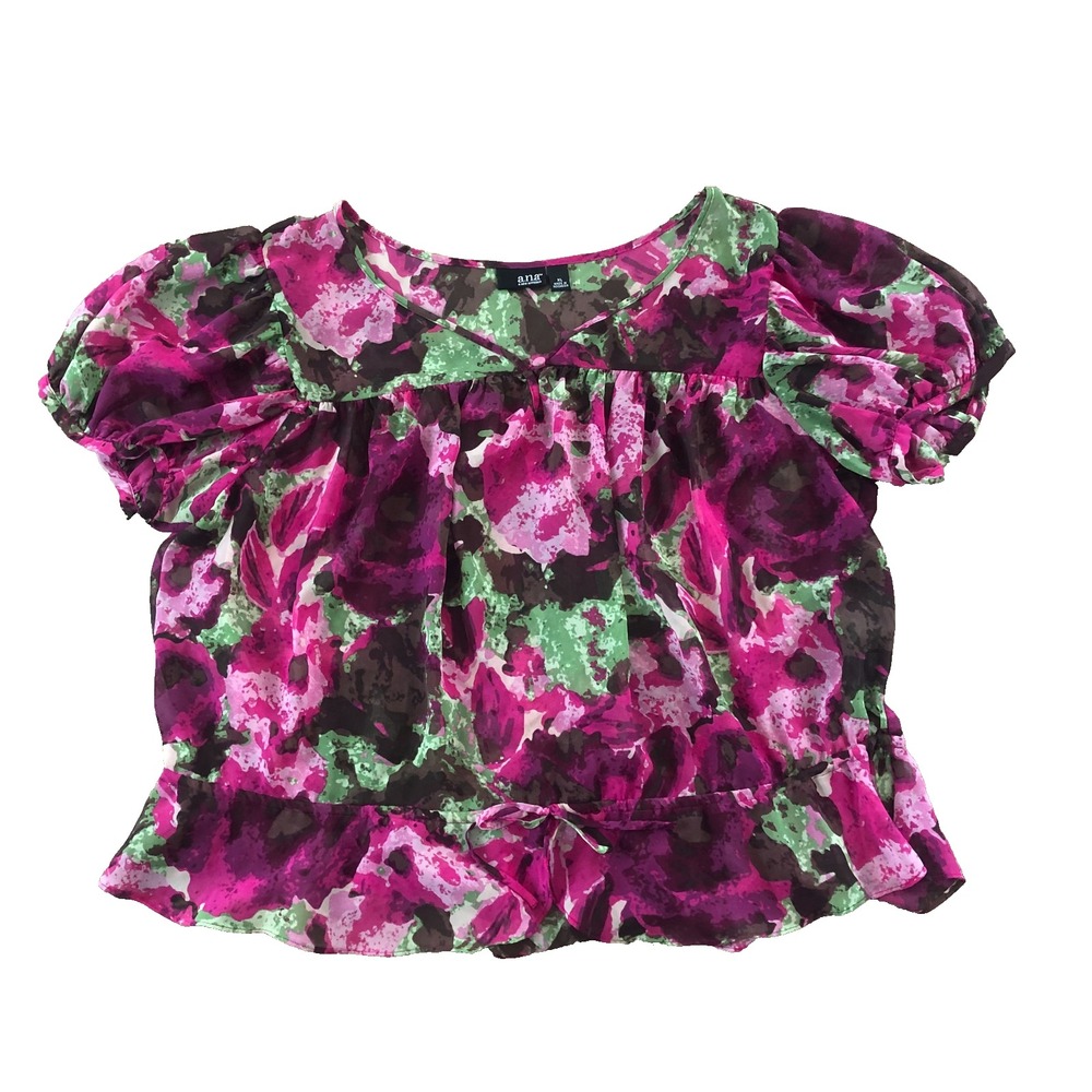 A.N.A Blouse XL Womens Sheer Boho Hippie Floral Peasant Short‎ Puff Sleeve